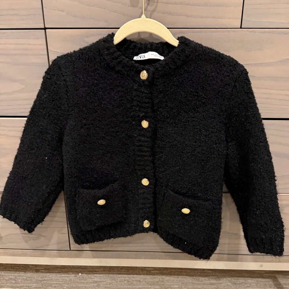 Zara Black Chunky Boucle Cardigan Sweater Sz Small